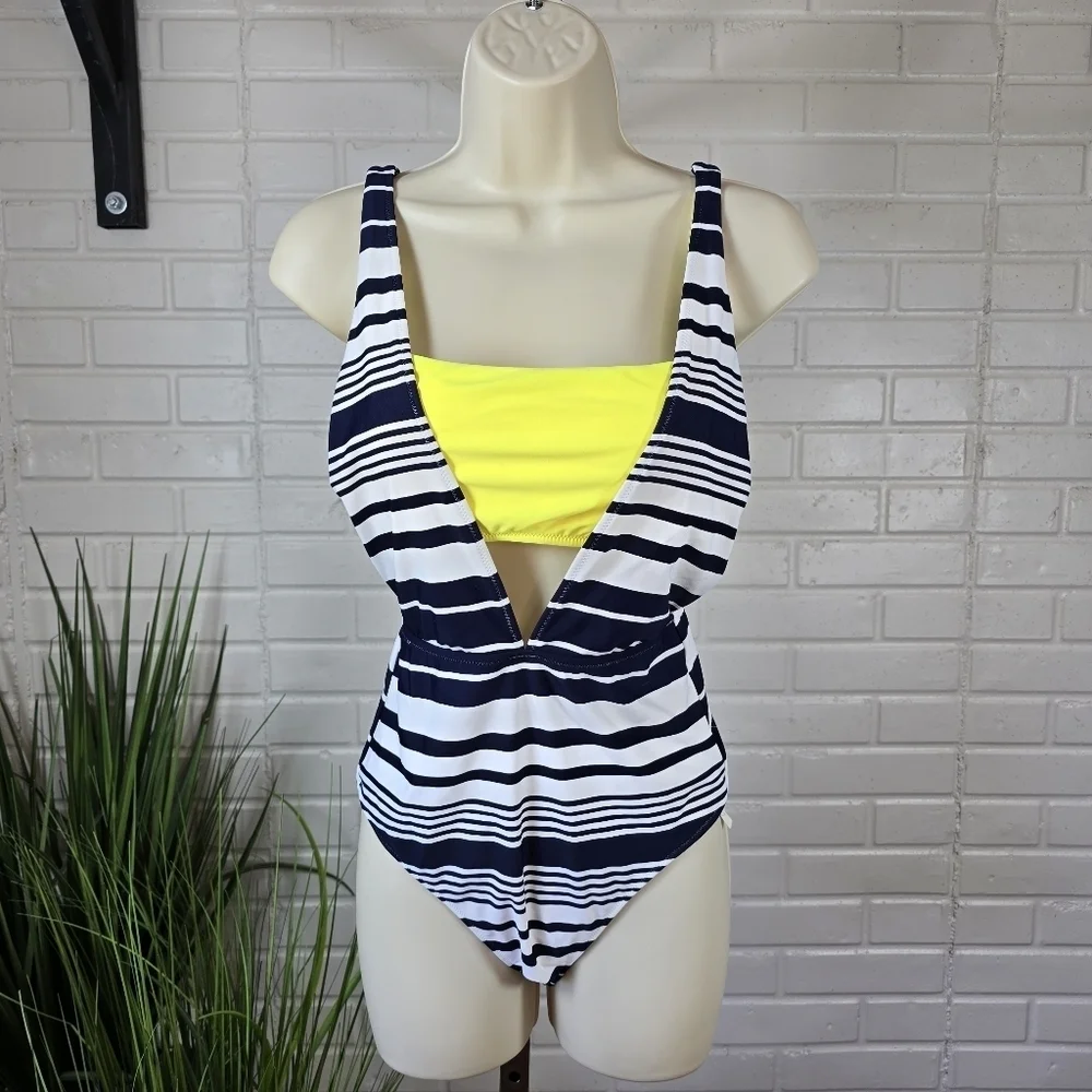 NWT Aerie Striped Layered One-Piece Full Coverage Swimsuit Size Medium Navy Blue